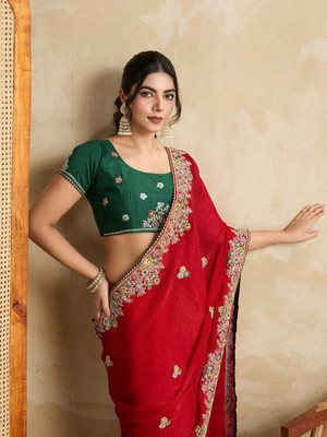 ZARISTACREATION Embroidered Bollywood Silk Blend Saree(Red)
