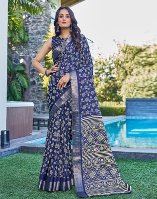 SIRIL Floral Print, Printed, Embellished Bollywood Silk Blend Saree(Dark Blue, White, Yellow)