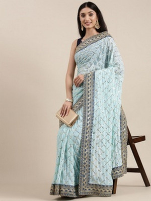 NEGRONI Printed Daily Wear Georgette Saree(Blue)