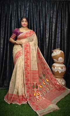 OWALID Self Design Jamdani Cotton Silk Saree(Multicolor)