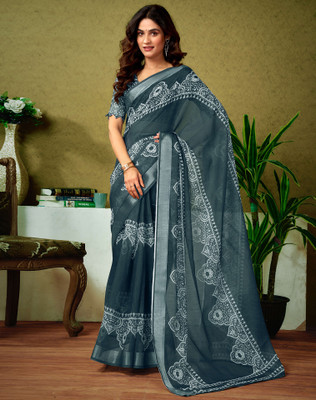 Divastri Floral Print, Printed, Embellished Bollywood Linen Saree(Grey, White)