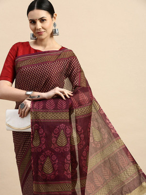 SHANVIKA Printed Daily Wear Pure Cotton Saree(Maroon)
