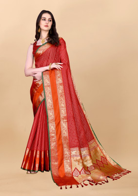 Bansari Textiles Self Design Banarasi Cotton Silk, Jacquard Saree(Red)