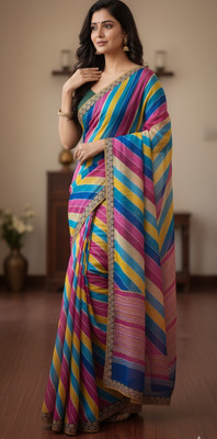 RIDDHI Striped, Embroidered Leheria Georgette, Chiffon Saree(Multicolor)