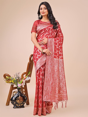 Divastri Self Design Kanjivaram Cotton Linen Saree(Red)