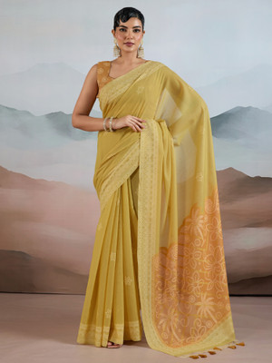 House of Pataudi Printed Banarasi Pure Cotton Saree(Light Green)