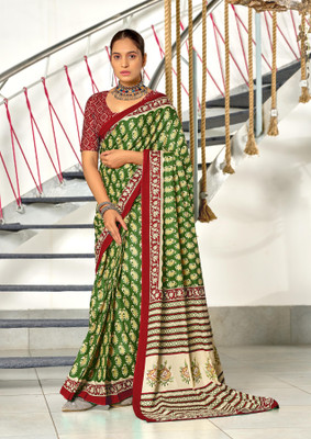 Divastri Blocked Printed, Printed Chanderi Cotton Blend Saree(Green)