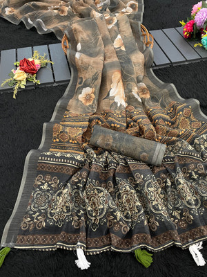 Irenzz Enterprise Digital Print Banarasi Cotton Linen Saree(Black)