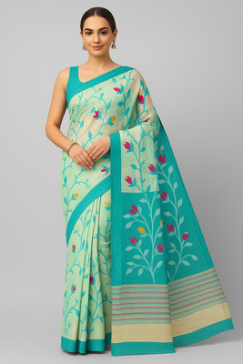 Kabitas Dreamland Floral Print, Printed Handloom Cotton Blend, Muslin Saree(Blue, Multicolor)