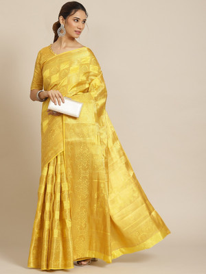 Divastri Woven, Printed Banarasi Cotton Silk Saree(Yellow)