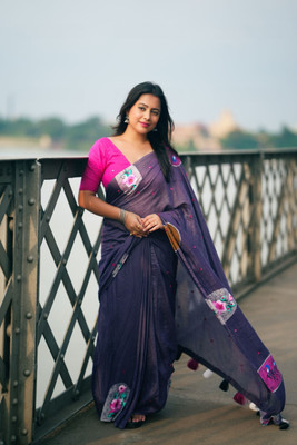 HouseOfCommon Embroidered, Printed Hand Batik Chanderi Saree(Dark Blue)