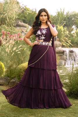 DWINIZAA STORE Solid/Plain, Embellished Bollywood Georgette Saree(Purple)