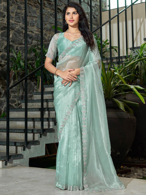 ANOUK Solid/Plain Banarasi Organza Saree(Light Green)