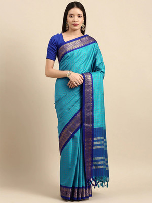 HouseOfCommon Woven, Checkered, Embellished, Self Design Daily Wear Jacquard, Cotton Silk Saree(Light Blue)