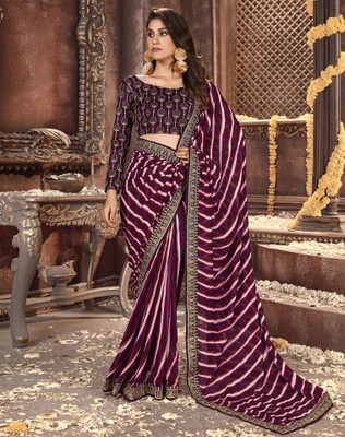 SIRIL Striped, Embellished Bandhani Georgette Saree(Purple, White)