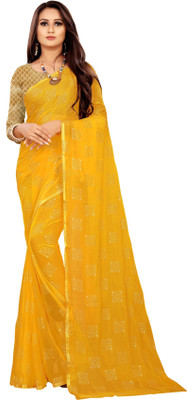 V And V Shop Printed Bollywood Chiffon Saree(Yellow)