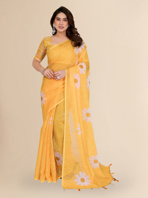 Moda Rapido Floral Print Bollywood Cotton Blend Saree(Yellow)