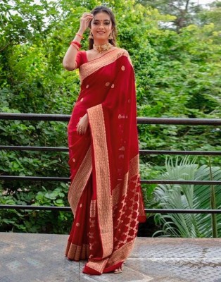 Divastri Woven, Embellished, Self Design Banarasi Art Silk Saree(Red, Gold)