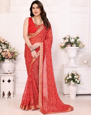 YASHIKA Printed Bollywood Georgette, Lace Saree(Red)