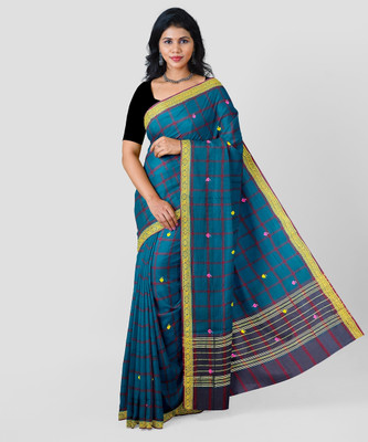 Auora Checkered Handloom Handloom Pure Cotton, Tissue Saree(Blue)
