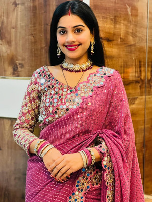 Celeb Styles Embroidered, Embellished Bollywood Georgette Saree(Pink, Gold)