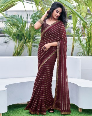 Divastri Dyed, Embellished Bollywood Georgette Saree(Brown, Gold)