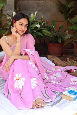 WINKLECART Printed Handloom Handloom Mulmul, Cotton Linen Saree(Pink)