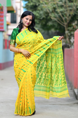 BN Fashion Printed Jamdani Cotton Linen Saree(Yellow, Green)