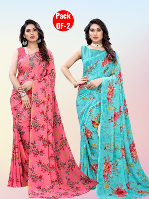 Falessa Floral Print Bollywood Georgette Saree(Pack of 2, Yellow, Light Blue)