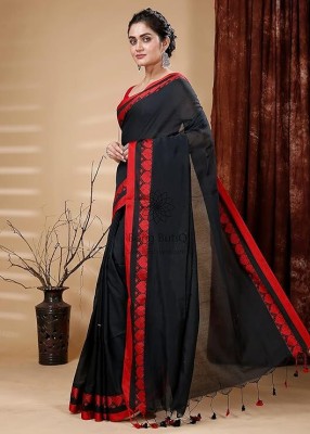 Tithi Solid/Plain, Self Design Handloom Pure Cotton Saree(Black, Red)