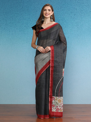 Divastri Digital Print Banarasi Cotton Silk Saree(Grey)
