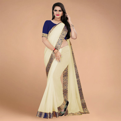 Volmina Solid/Plain, Woven Chanderi Cotton Blend Saree(Cream)