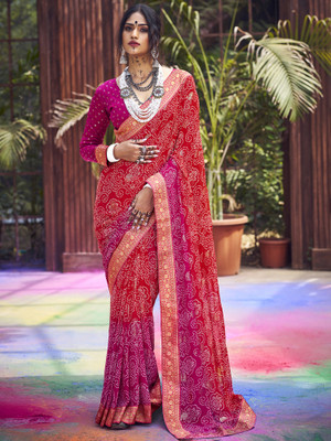 Sareemall Embellished Bandhani Georgette Saree(Red)
