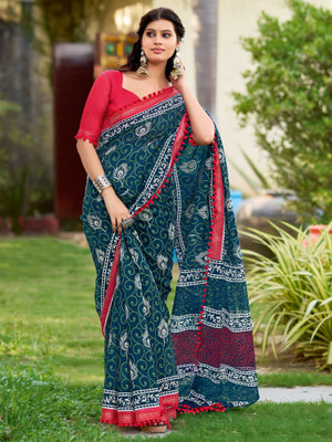 Sareemall Printed Hand Batik Cotton Blend Saree(Blue)