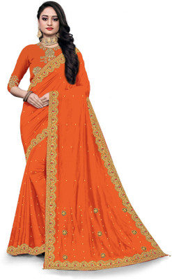 Kaan Self Design, Embroidered, Applique Assam Silk Silk Blend Saree(Orange)