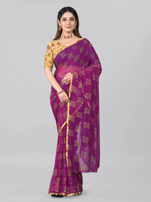 Desi Style Printed Chanderi Net, Chiffon Saree(Purple)