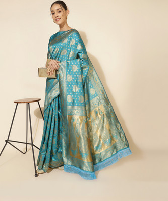 Janasya Woven, Self Design Banarasi Silk Blend Saree(Blue)