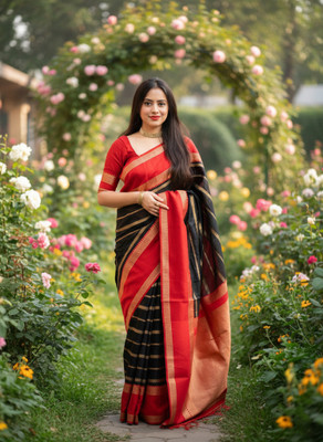 Bindi Woven Banarasi Silk Blend Saree(Black, Red)