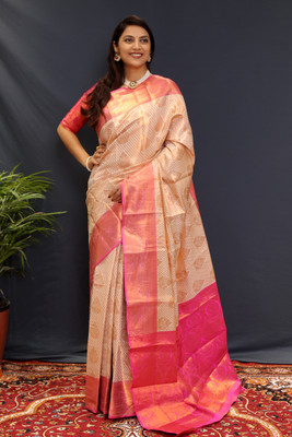 yourwish Self Design Banarasi Cotton Silk, Jacquard Saree(Gold, Pink)