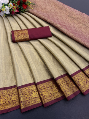 KV Fashion Solid/Plain Kanjivaram Pure Silk Saree(Brown)