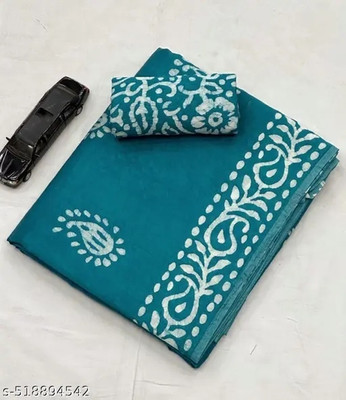 RJ CREATION Printed Daily Wear Pure Cotton Saree(Light Blue)