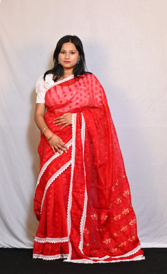 Hiya saree And Punjabi house Printed Jamdani Cotton Blend Saree(Red)
