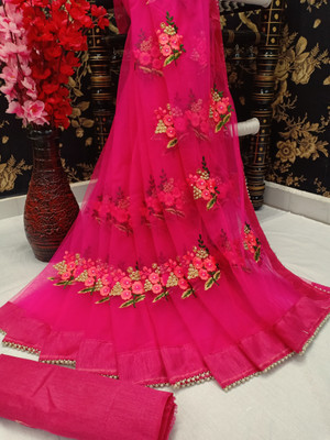 MYSTERY BOX Embroidered Bollywood Net Saree(Pink)