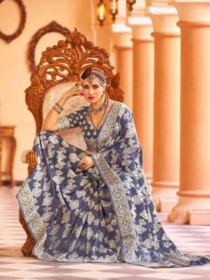 ULTTRON Woven Lucknow Chikankari Cotton Linen, Cotton Silk Saree(Blue)