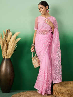 Sangria Embroidered Kalamkari Net Saree(Pink)