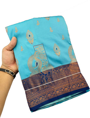 MOON VOGUE Self Design Banarasi Silk Blend Saree(Light Blue)