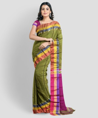 KAMANA TEXTILE QUALITY FASHION Striped Handloom Cotton Silk Saree(Green, Magenta)