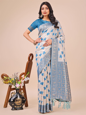 Tasrika Woven Banarasi Cotton Linen Saree(White, Blue)