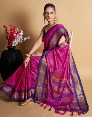 Samah Woven, Embellished, Self Design Banarasi Cotton Silk, Art Silk Saree(Pink, Blue, Gold)