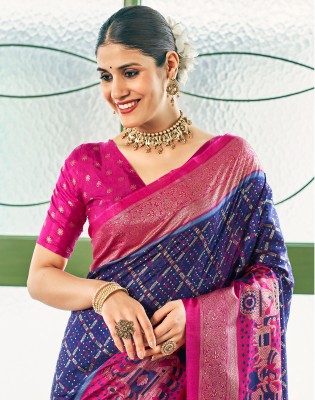 Satrani Woven, Embellished, Printed Banarasi Cotton Silk, Art Silk Saree(Dark Blue, Pink)